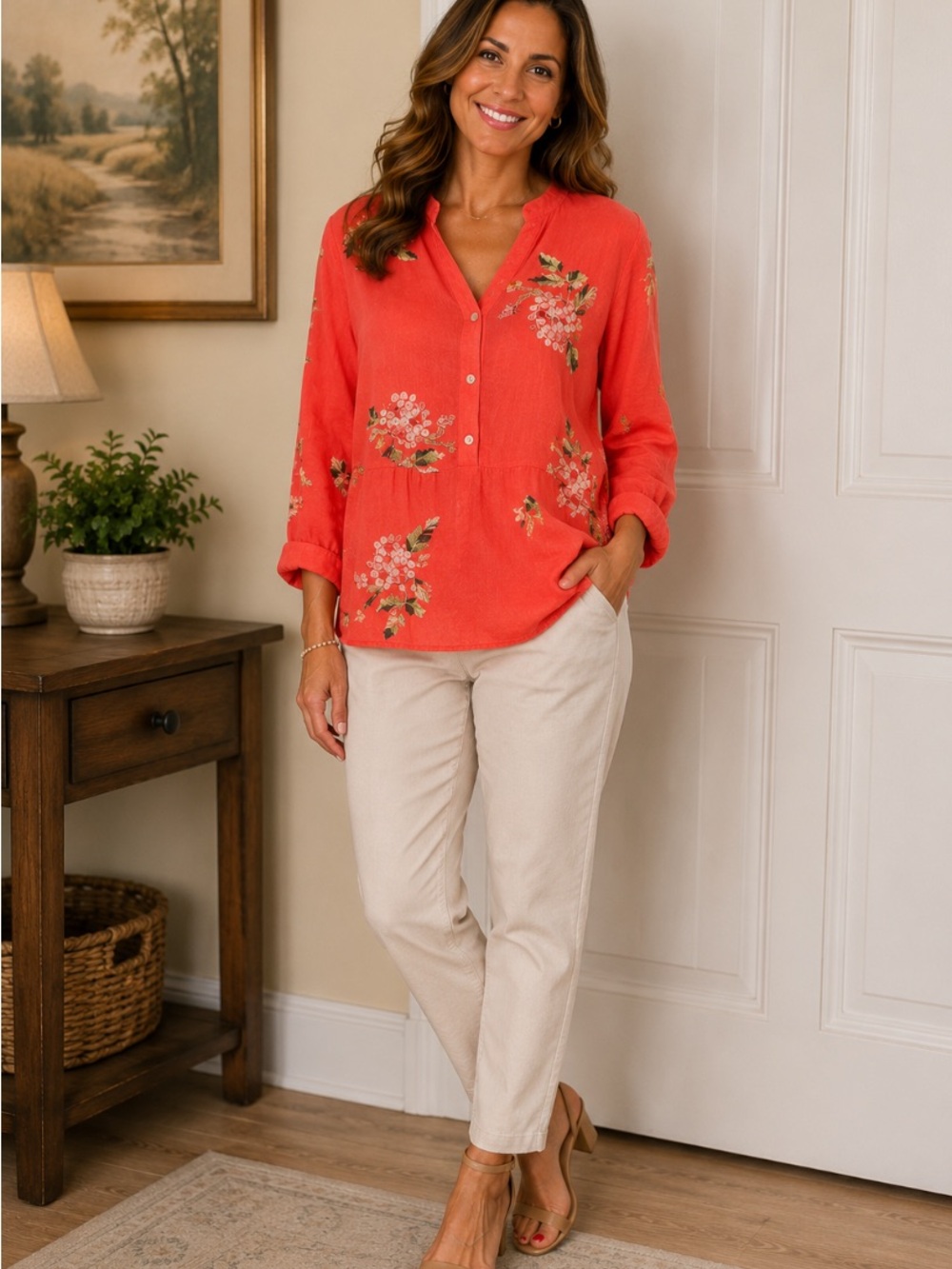 Embroidered Coral Button-Front Tunic Top
